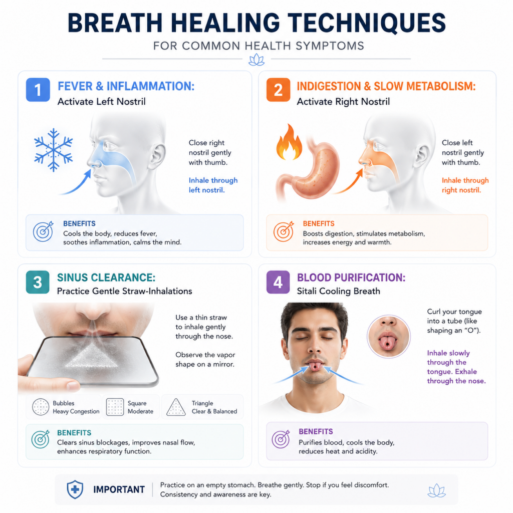 infographic displaying breath healing techniques for fever, digestion, sinus clearance, and blood purification