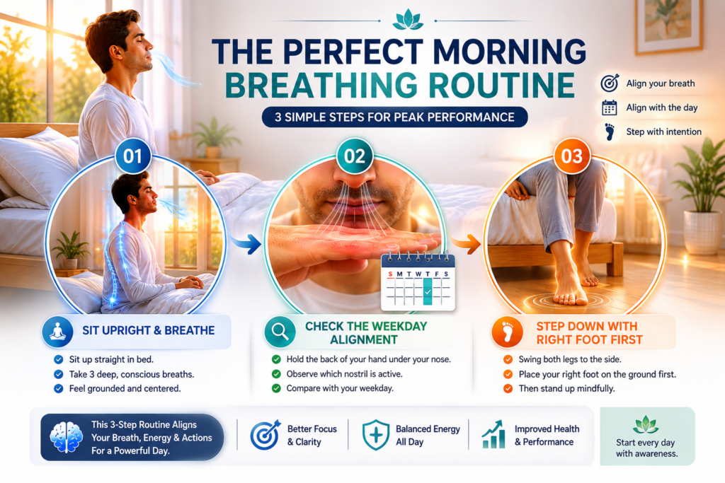 Infographic walking through a 60-second morning breathing routine for productivity and workday alignment
